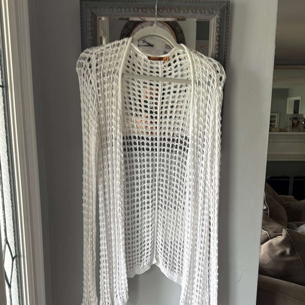Belldini White Open Weave Duster Cardigan